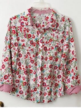 Old Navy White Floral Button-Up Shirt with Red and Purple Flowers